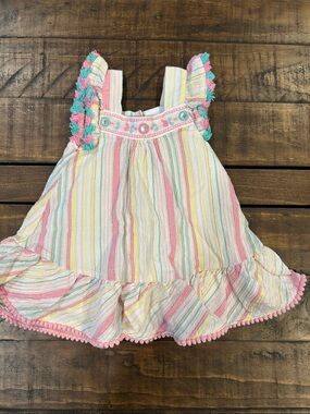 Nannette Baby Boho Pastel Striped Ruffle Sundress w. Gold Lines & Tassel Accents